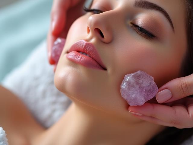 Close-up of a model receiving a gemstone facial with various polished crystals