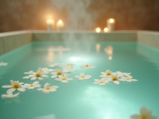 Luxurious private mineral bath with essential oils and flower petals